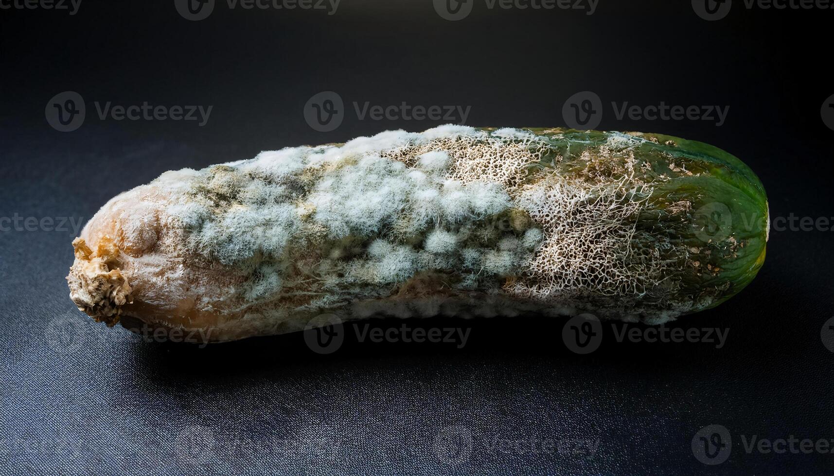 macro close-up of a moldy cucumber with shriveled skin and extensive white fungal growth on a dark background photo