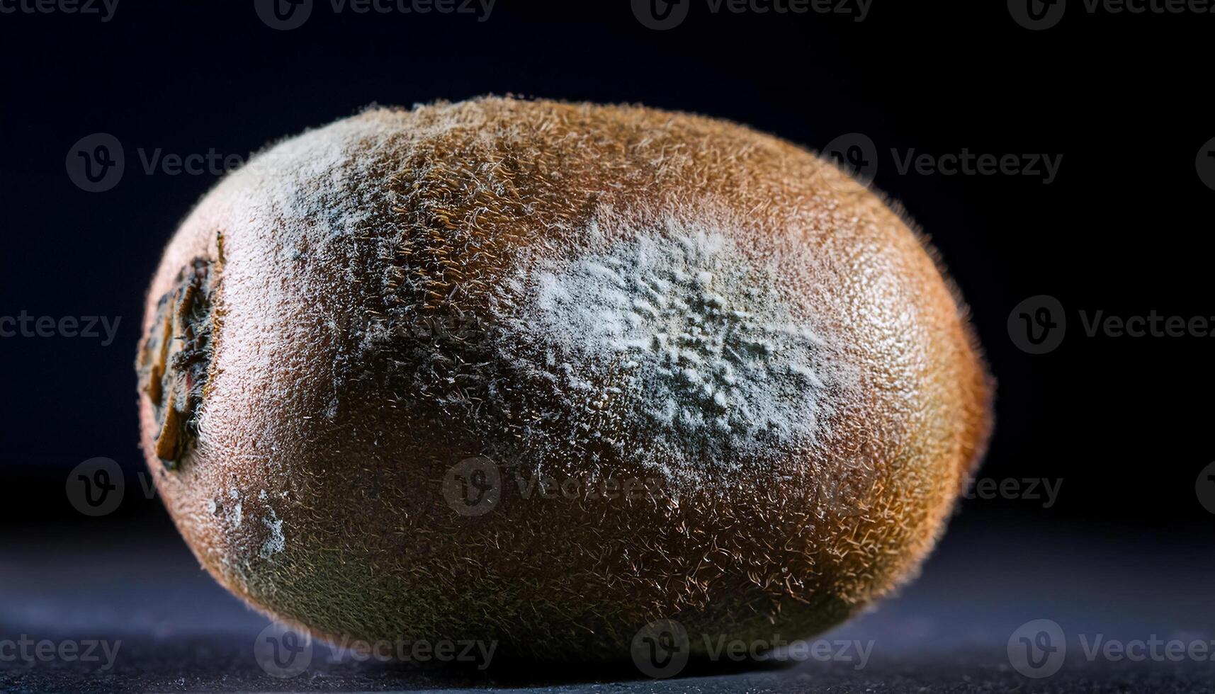 macro shot of a moldy kiwi with fuzzy brown skin and visible patches of white and green decay under dramatic lighting photo