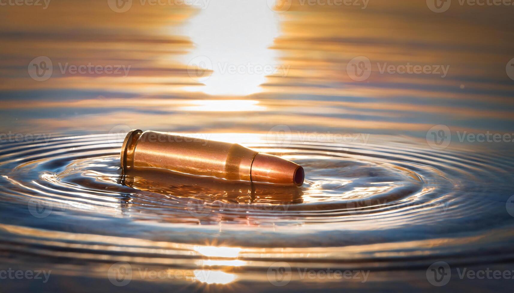 close-up of a bullet casing submerged in shallow water, reflecting golden sunlight and ripples on the surface during sunset photo