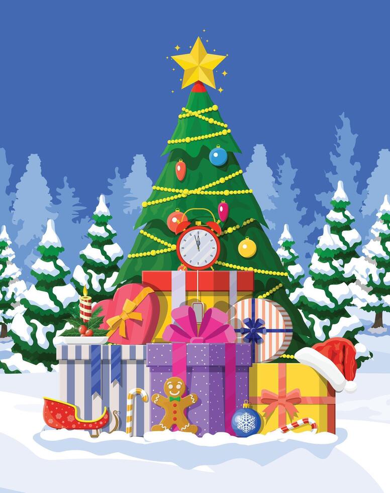 Christmas holiday background. Christmas tree frame with ornaments, Christmas lights. Gold and red glitter corner decoration. Merry Christmas calligraphy. For New year banners, party posters. vector