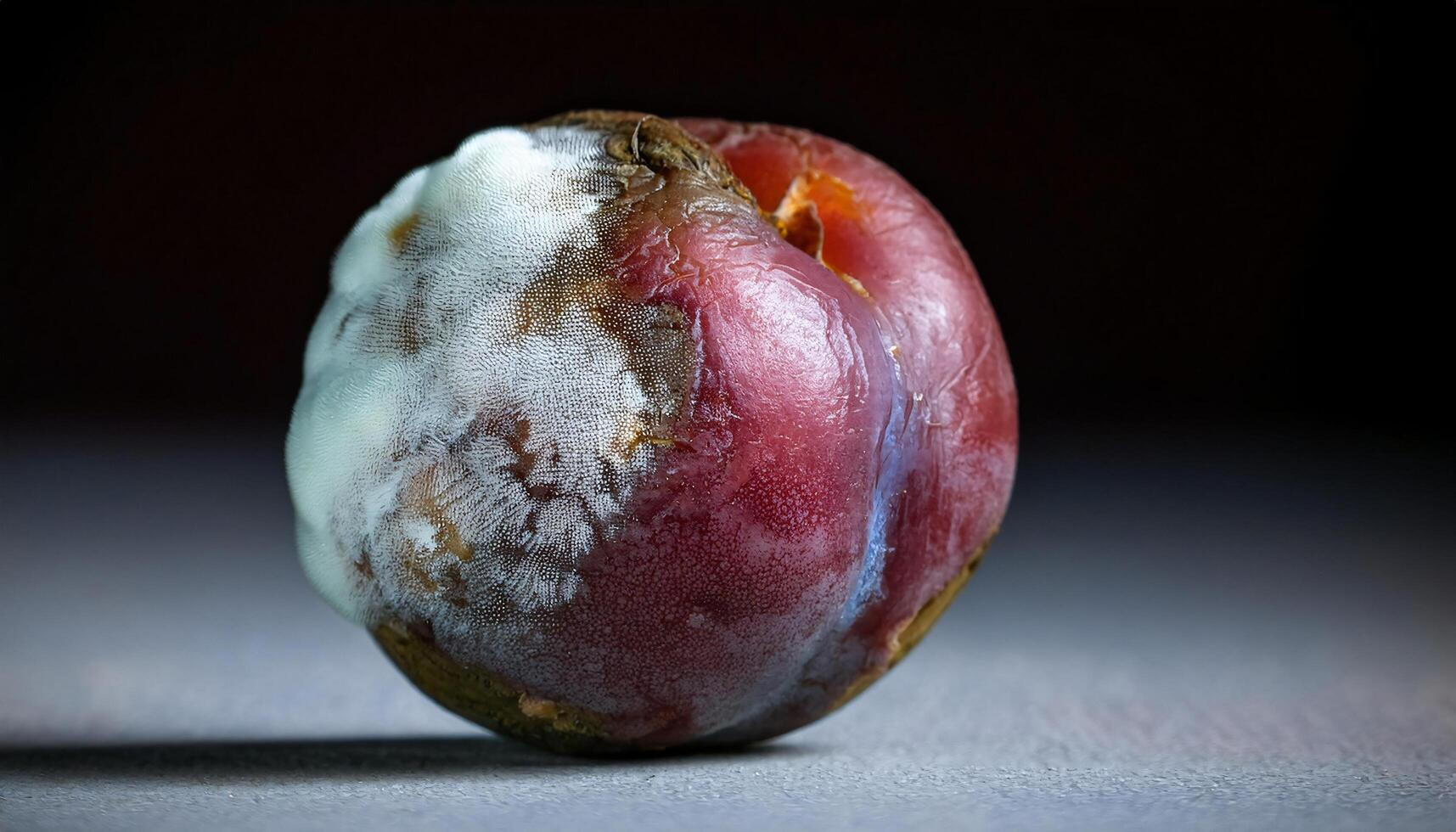 close-up of a spoiled plum with cracked skin and visible mold patches on the surface under dramatic lighting photo