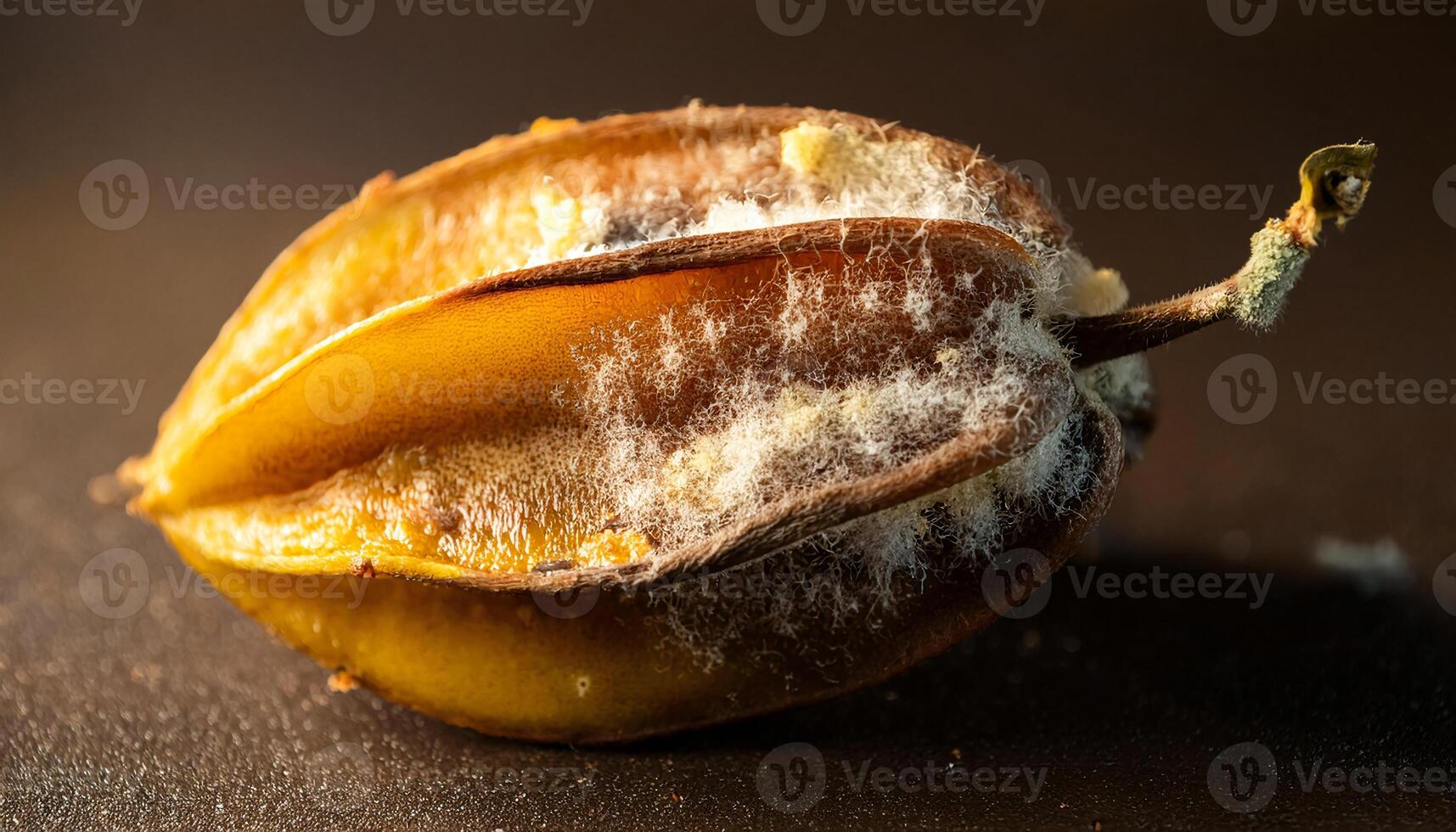 close-up of a moldy starfruit with browning edges and fuzzy white mold growth under warm lighting photo