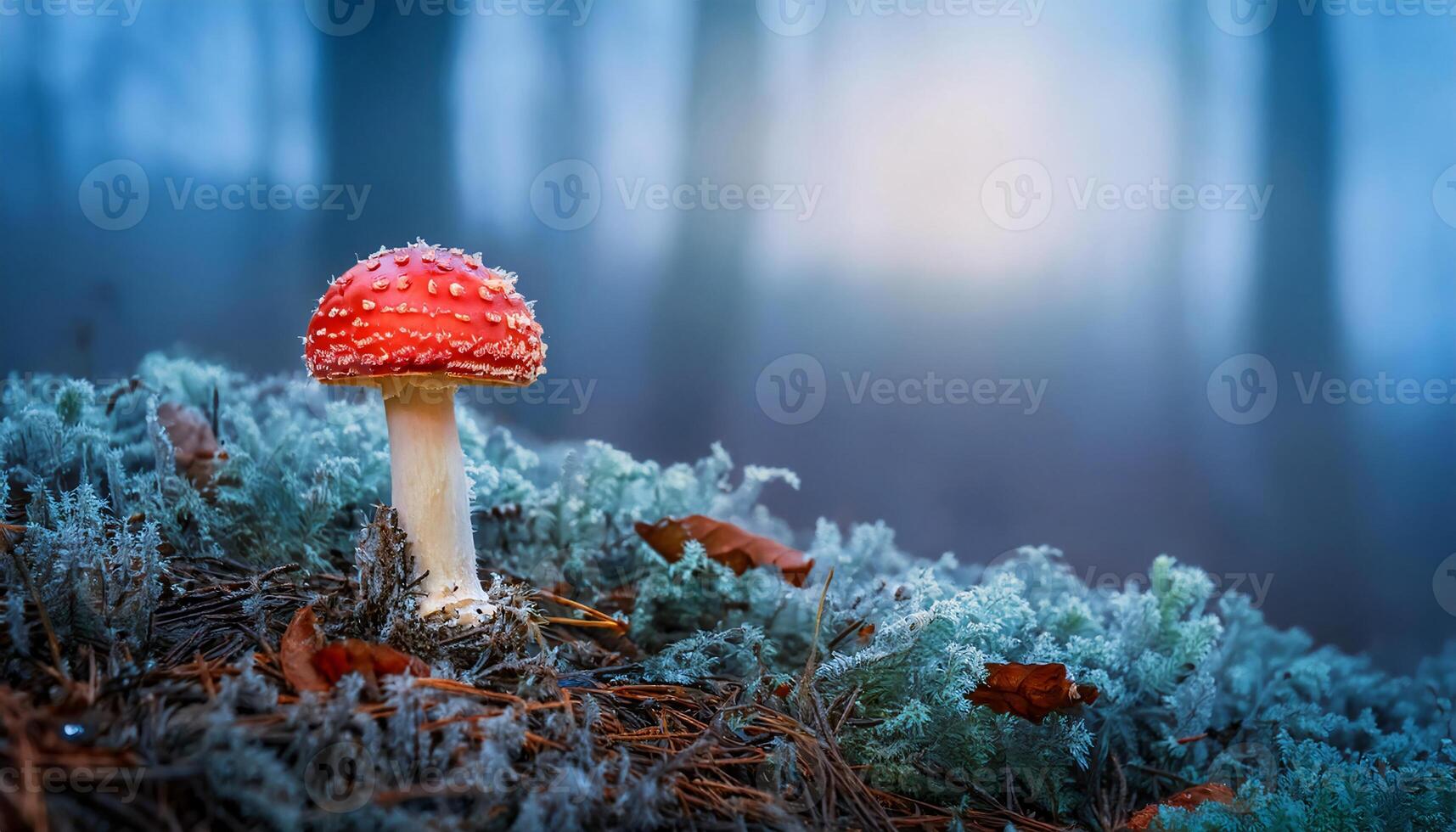 a vibrant red mushroom with white speckles surrounded by frost-covered moss and pine needles in a foggy winter forest photo