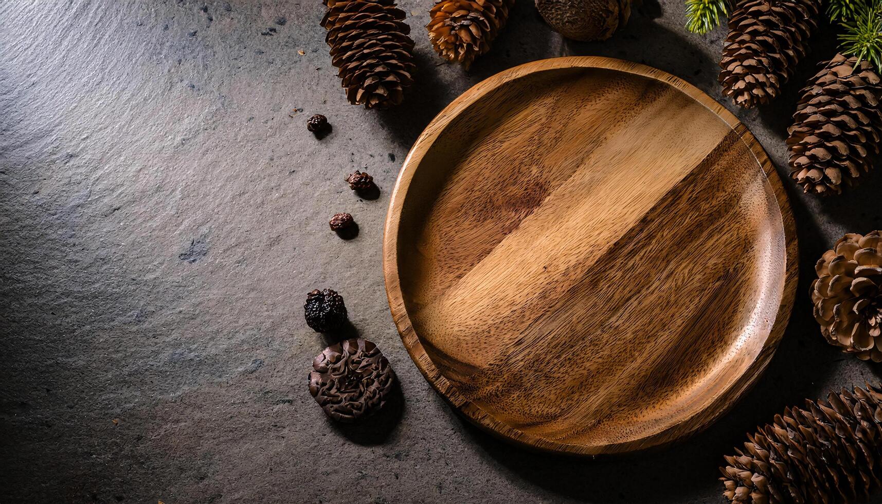 Rustic Wooden Plate on Stone Surface with Pinecones and Natural Decor Accents photo
