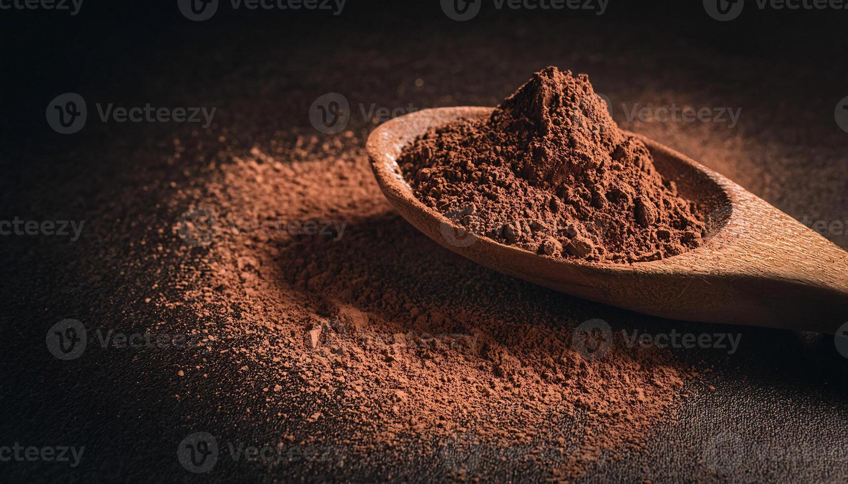 close-up of cacao powder in a wooden spoon with scattered powder on a dark textured surface under dramatic lighting photo