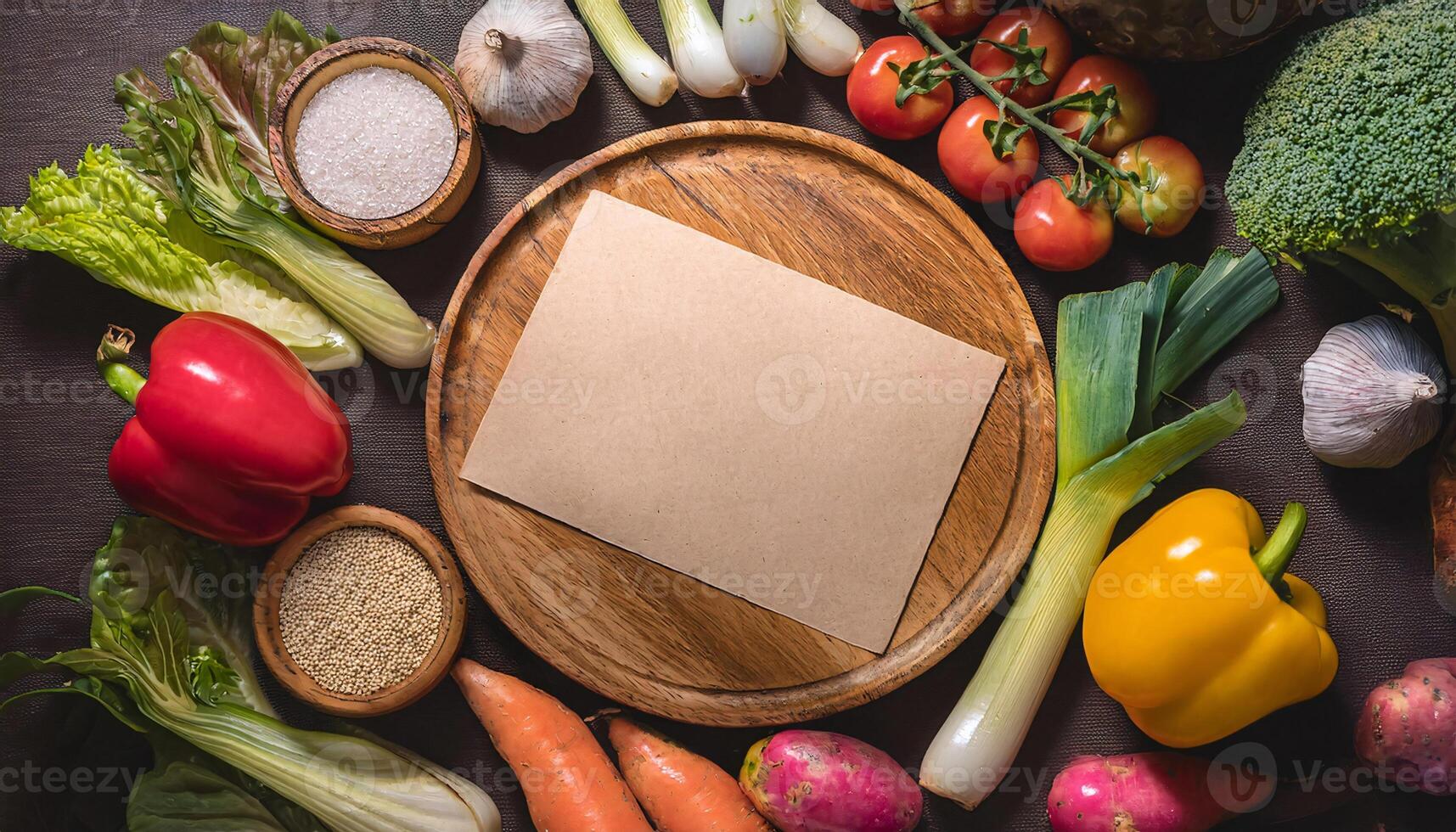 wooden plate with blank parchment paper surrounded by fresh vegetables including peppers and tomatoes photo