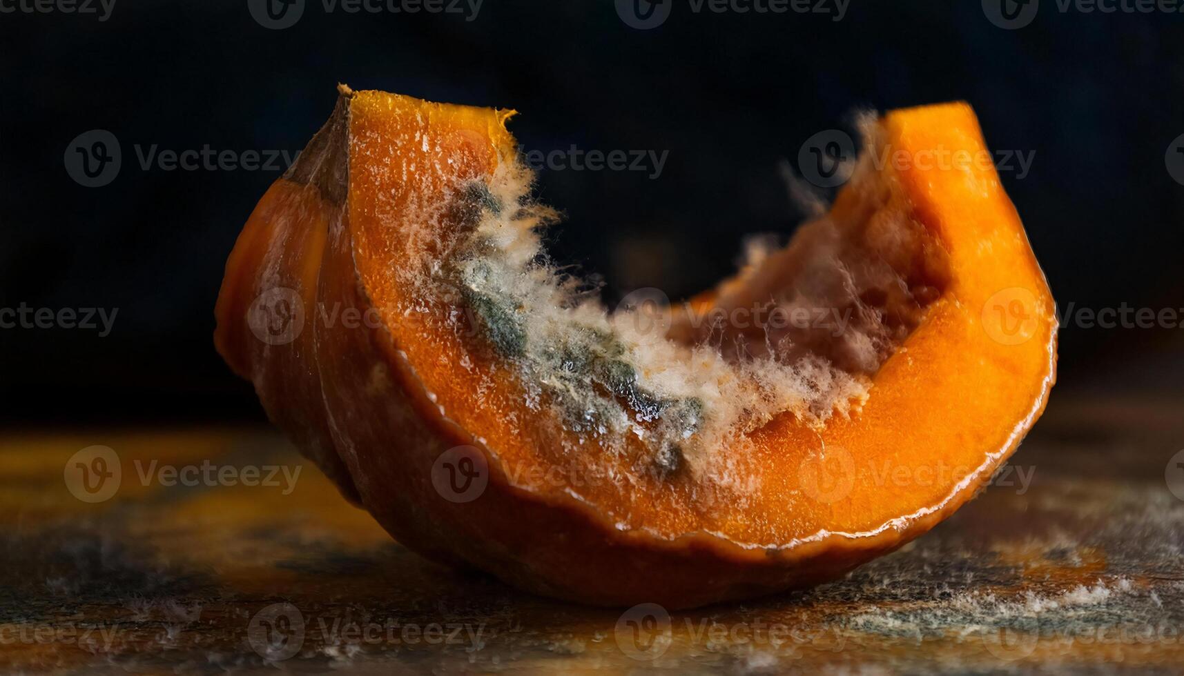 close-up of a moldy pumpkin slice with softening orange flesh and fungal patches under warm lighting photo