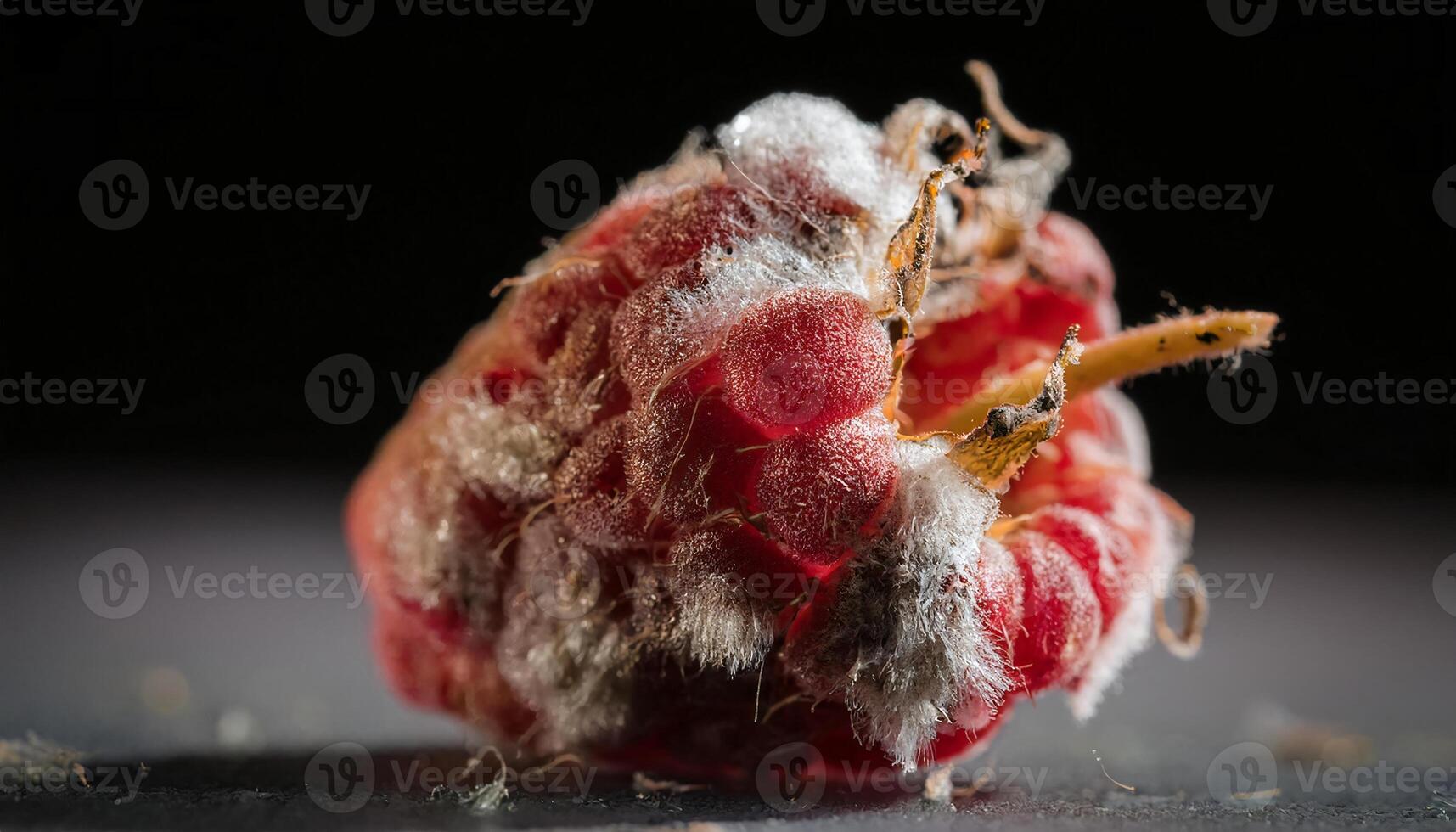 close-up of a decayed raspberry covered in white fungal mold with slimy texture and visible rotting details photo