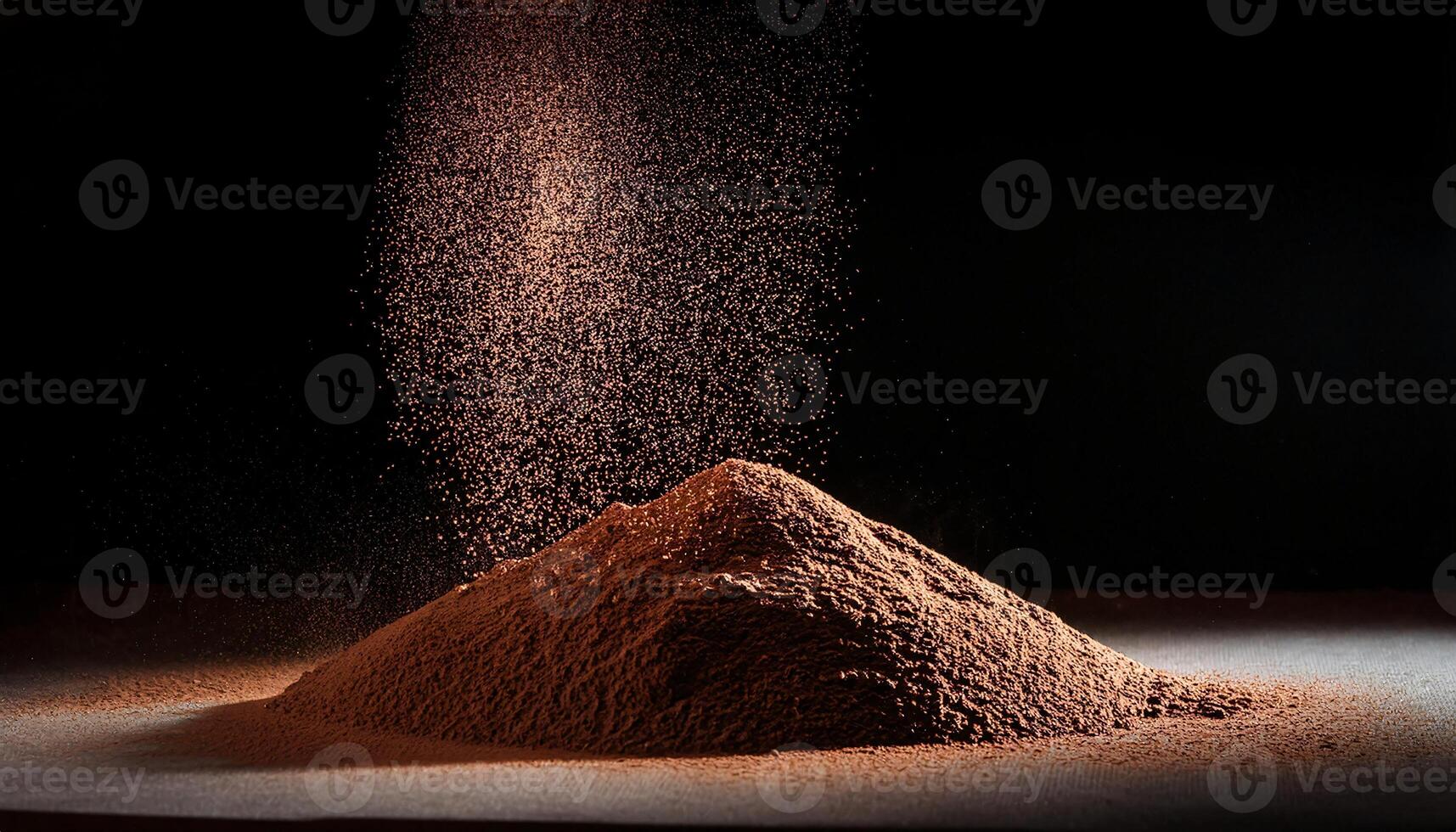 artistic close-up of fine cocoa powder falling gracefully in a soft pile on a dark background for baking and culinary concepts photo