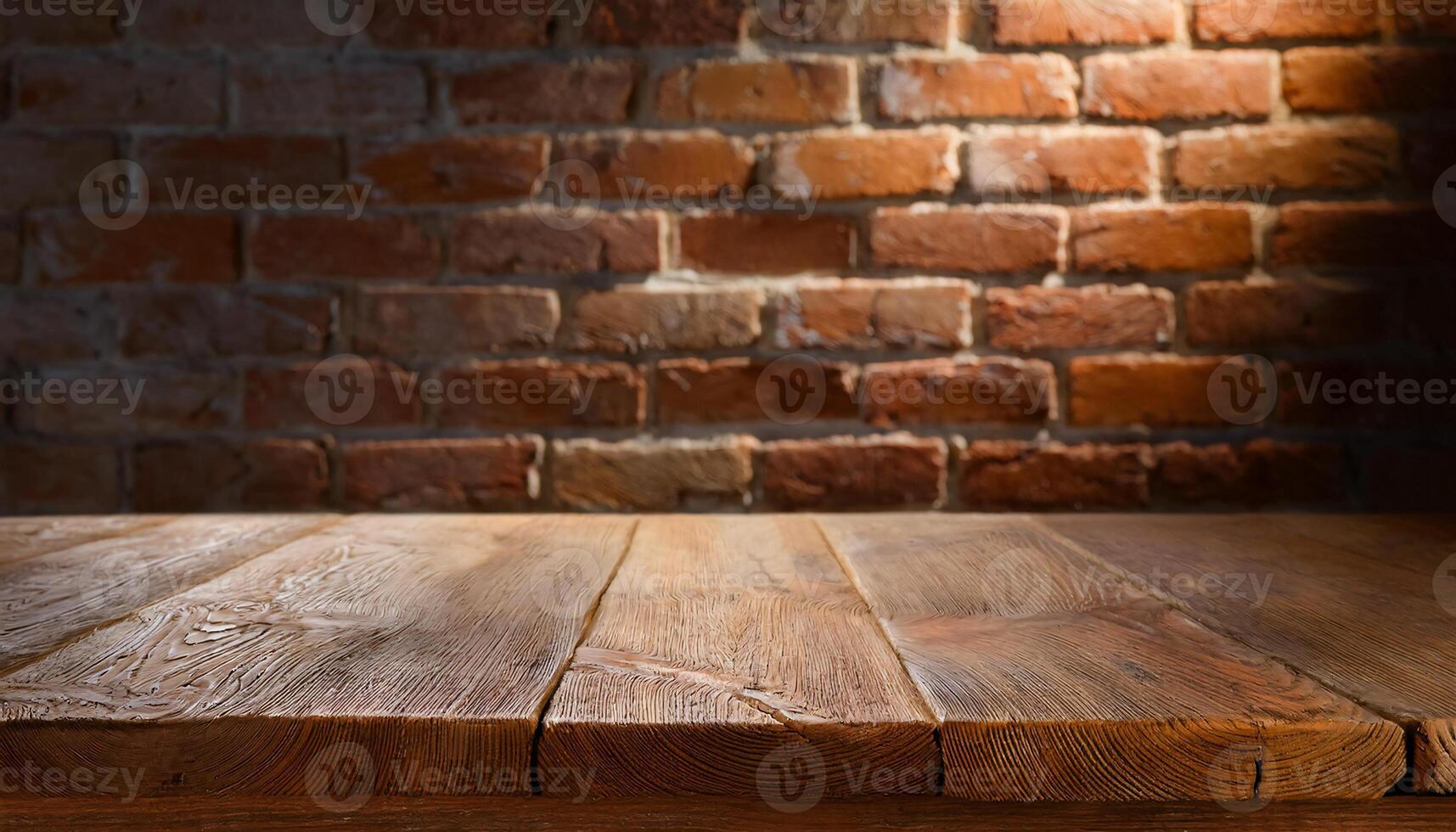 rustic wooden table with textured planks against a vintage red brick wall background photo