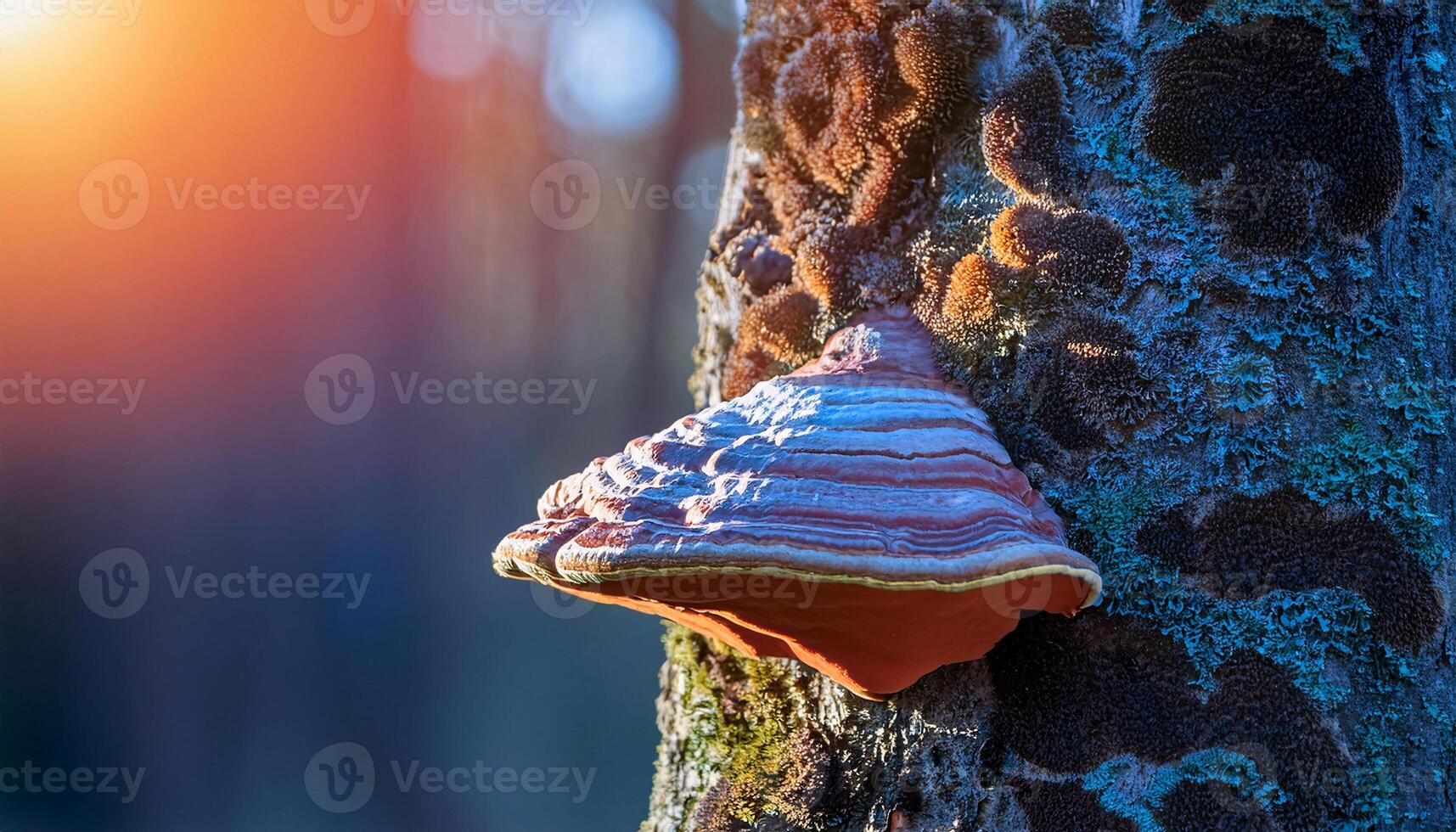 Polypore Mushroom on Tree Trunk in Vibrant Natural Light photo