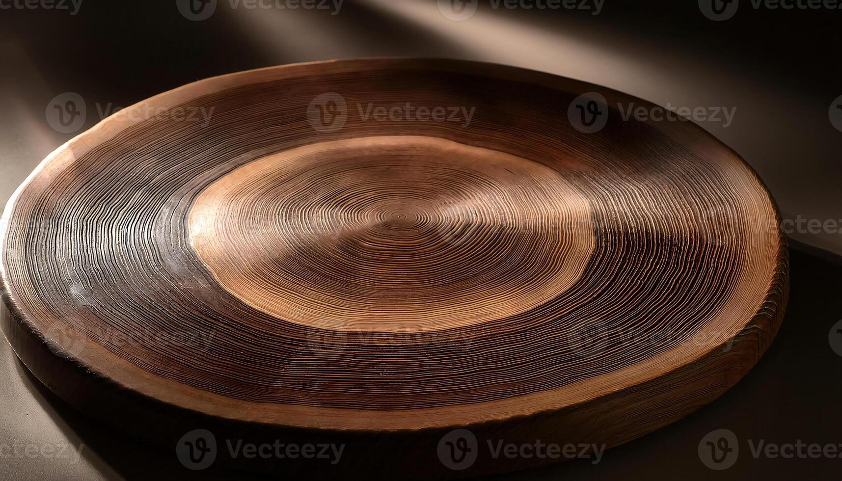 circular wooden plate with polished concentric grain patterns illuminated by soft natural light photo