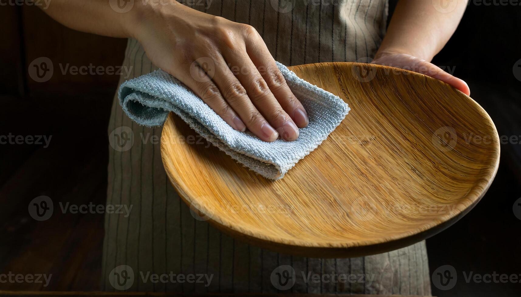 close-up of hands wiping a textured wooden plate with a soft cloth for cleaning and kitchen maintenance concepts photo