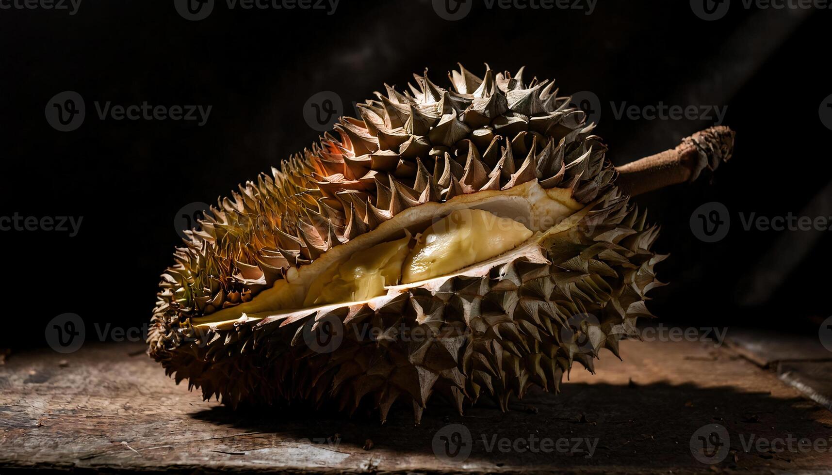 close-up of a split rotting durian with browning spikes and exposed mushy flesh under dramatic lighting on a rustic surface photo