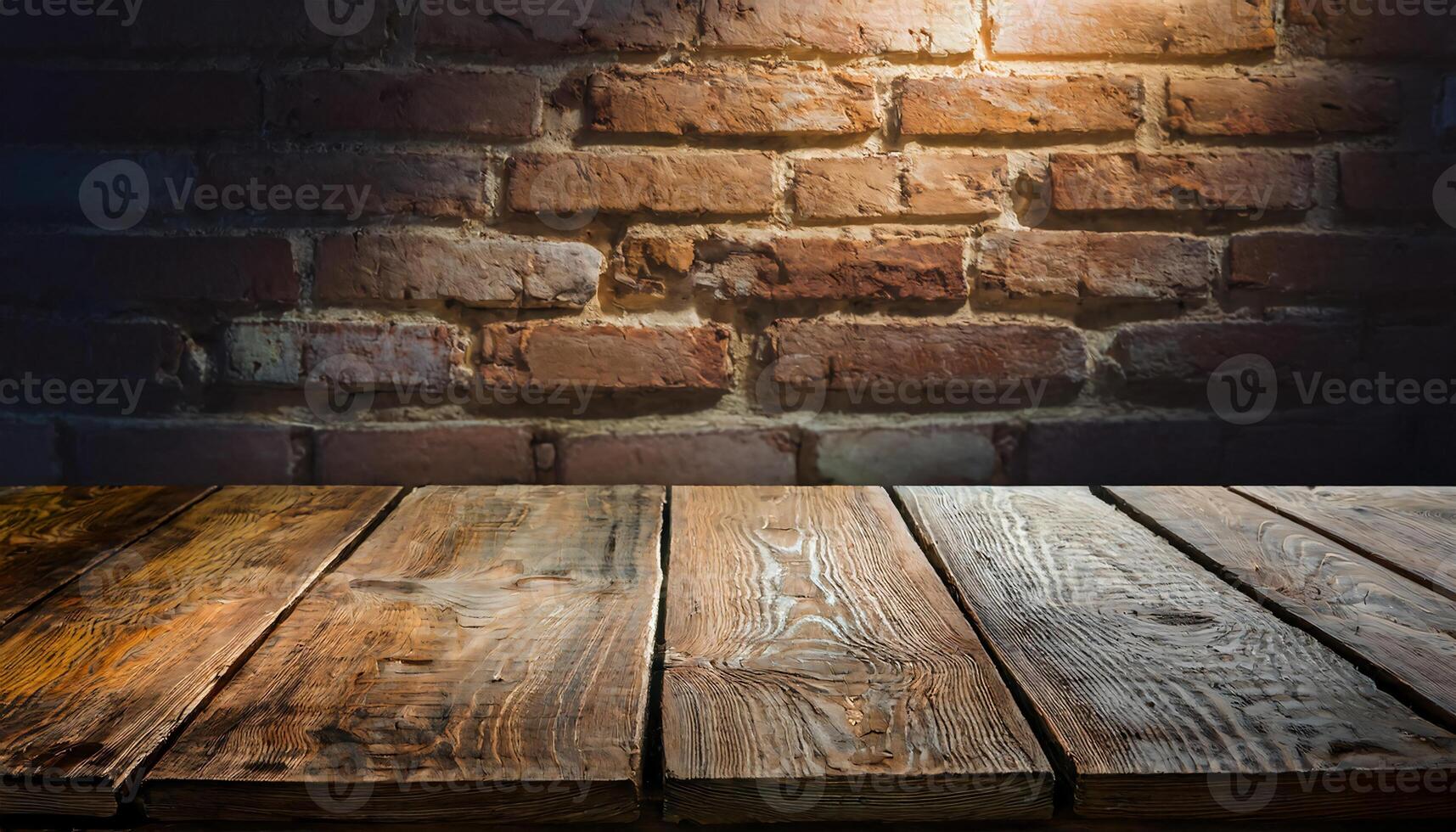 rustic wooden table with natural wood grain patterns set against a vintage red brick wall photo