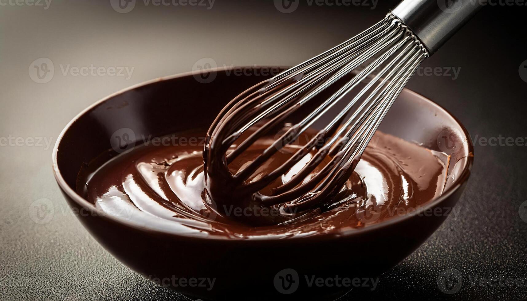 close-up of a whisk stirring rich melted chocolate in a bowl for baking and dessert preparation photo