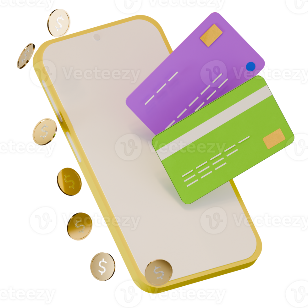 Smartphone with debit card and dollar coins on Mobile banking and Online payment service. 3d icon render illustration png