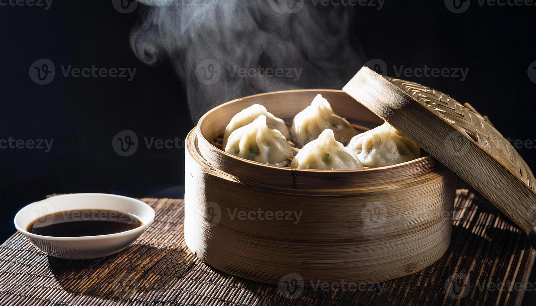 freshly steamed dumplings in a bamboo basket with soy sauce on the side photo