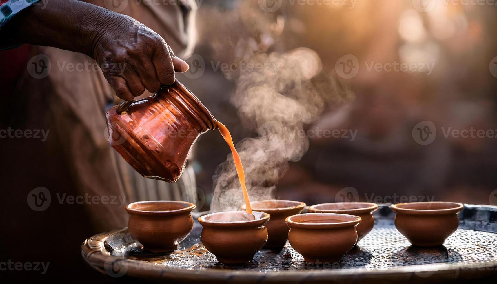 close-up of hot masala chai being poured into traditional clay cups with rising steam in warm golden sunlight photo