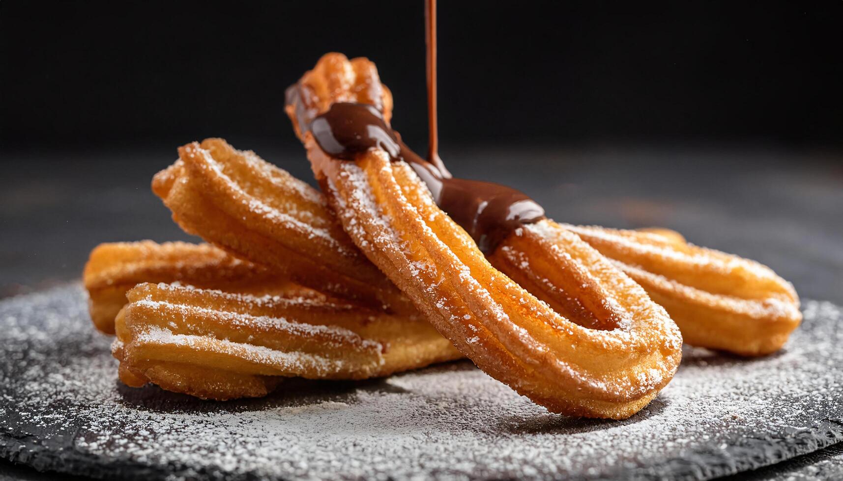close-up of golden churros dusted with sugar and chocolate sauce dripping over crispy fried pastry sticks photo