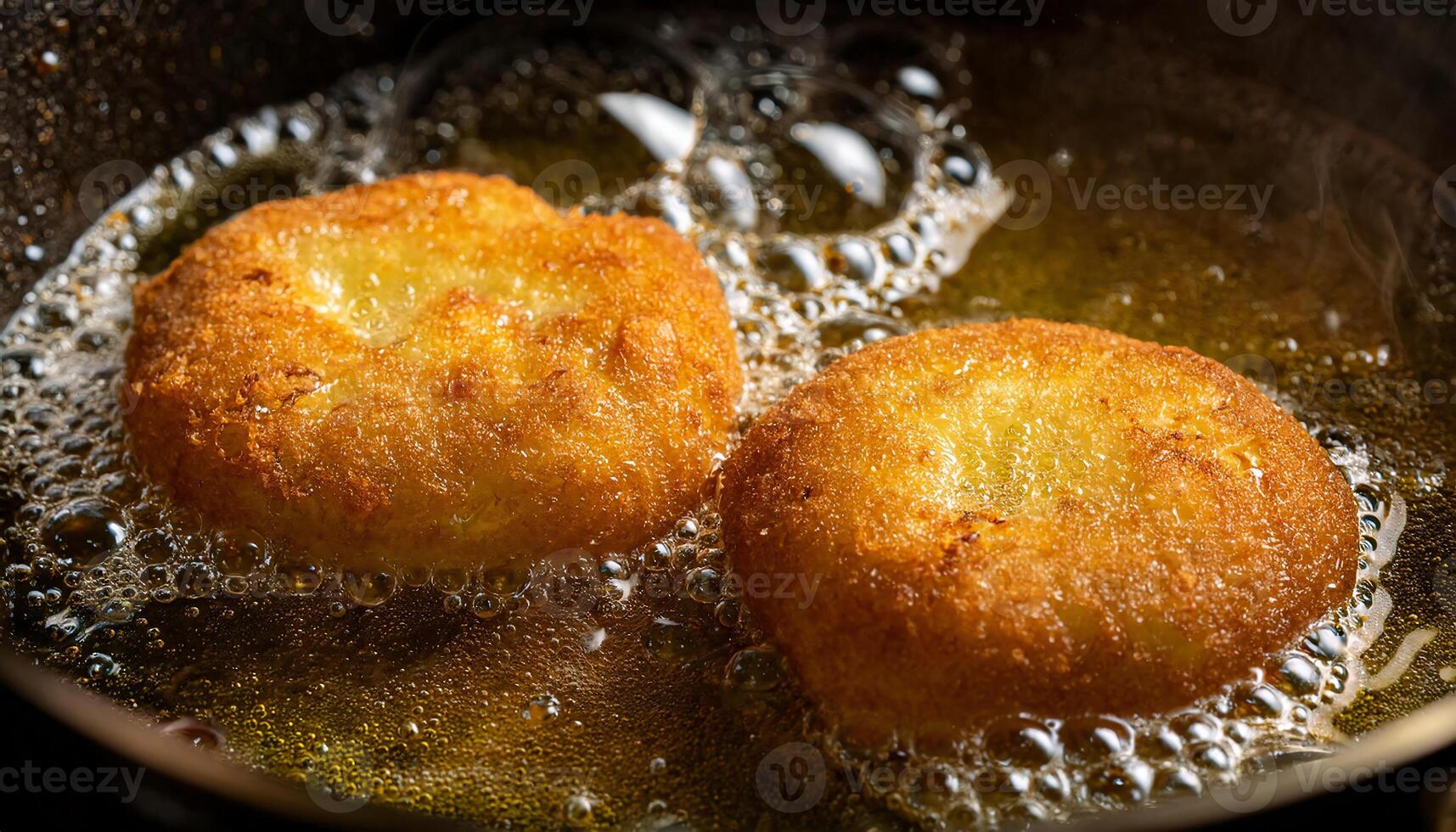 close-up of potato croquettes frying in hot oil with golden crispy crust and bubbling texture forming photo