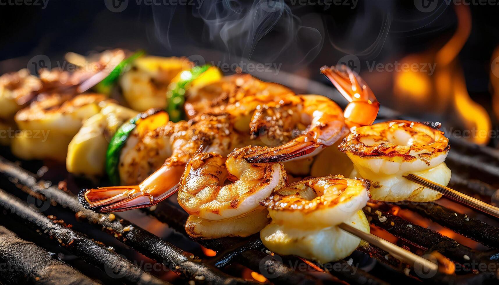 close-up of marinated seafood skewers grilling over hot flames, with shrimp and squid perfectly charred, glistening with marinade and smoke rising from the grill photo