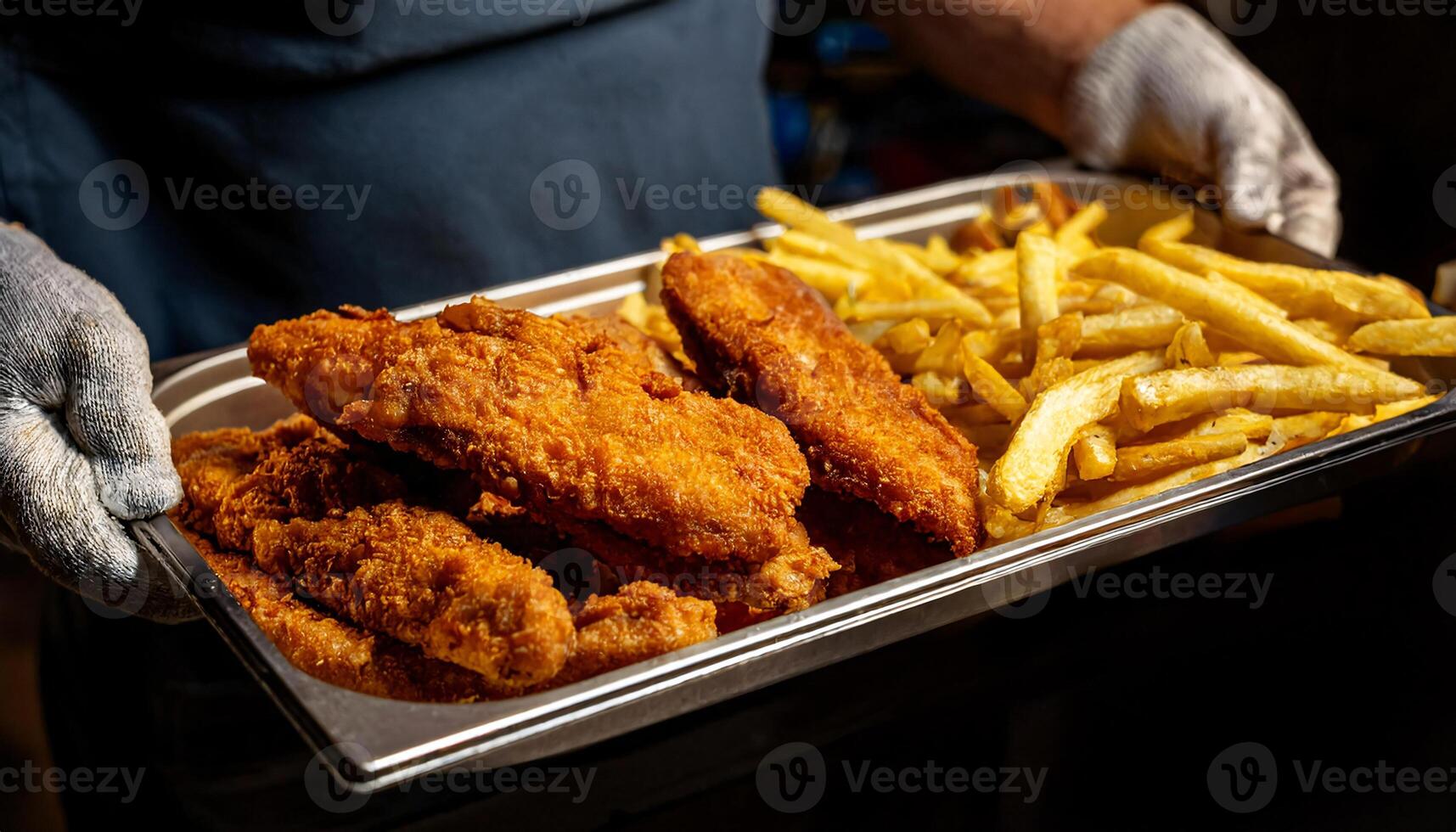 golden crispy battered fish served with fresh-cut fries on a food stall tray ready to eat photo