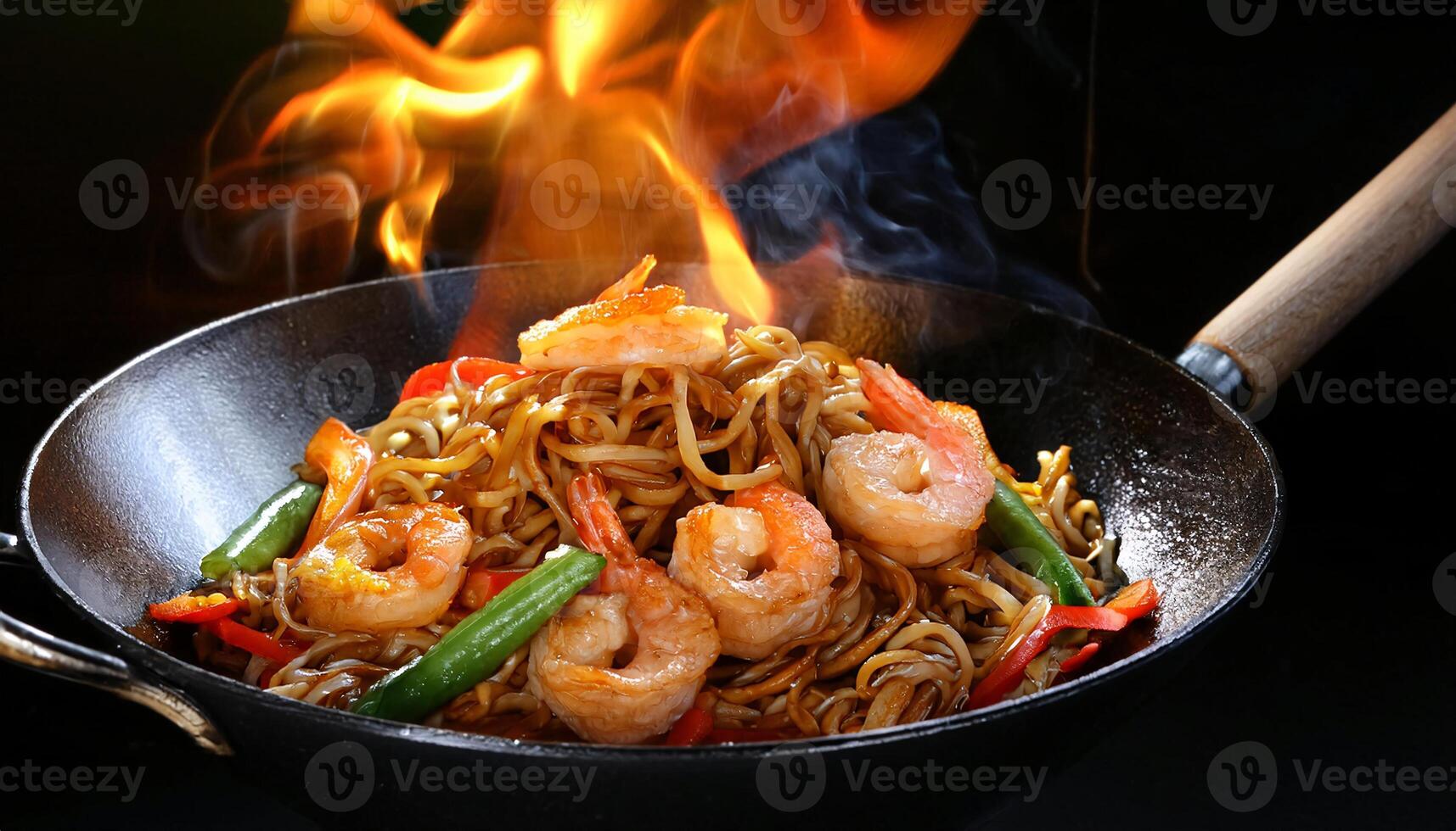 close-up of stir-fried noodles with shrimp, vegetables, and chili sauce cooked in a flaming wok, showcasing vibrant colors and steam photo