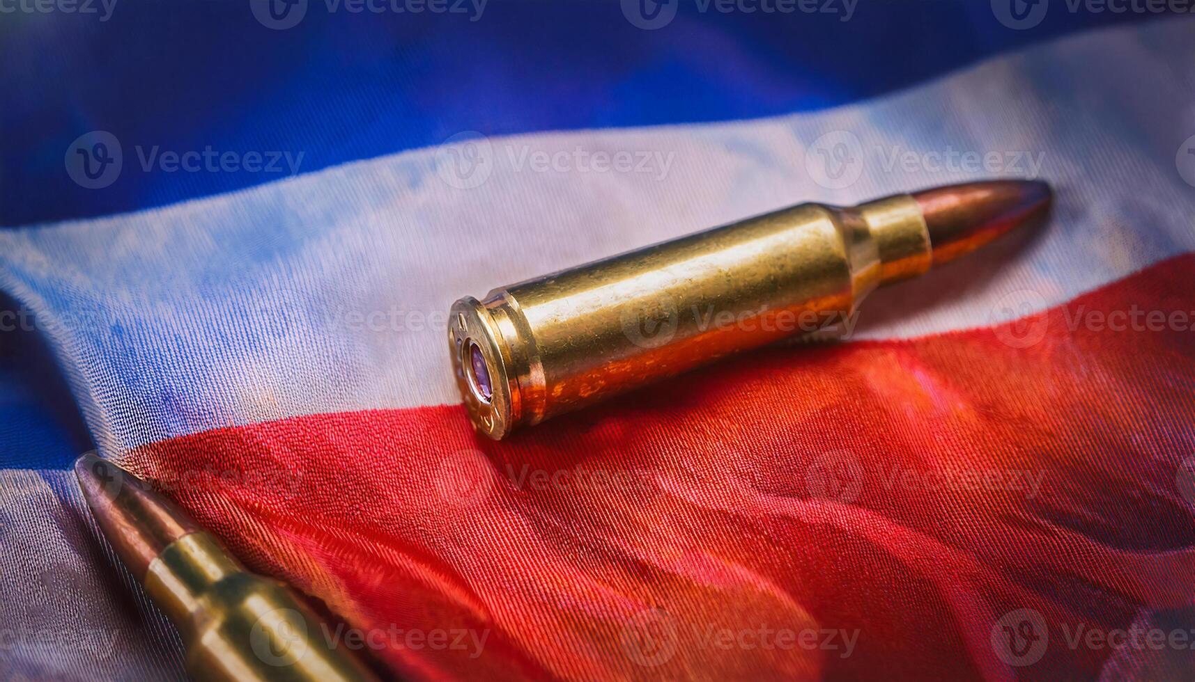 macro view of bullet casings on a torn flag with vibrant red white and blue colors symbolizing conflict and patriotism photo