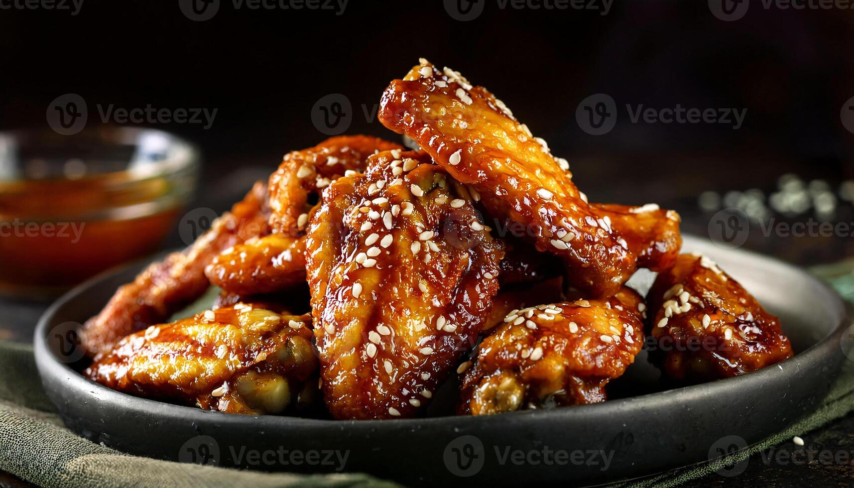 close-up of crispy fried chicken wings coated in spicy sauce and sprinkled with sesame seeds photo