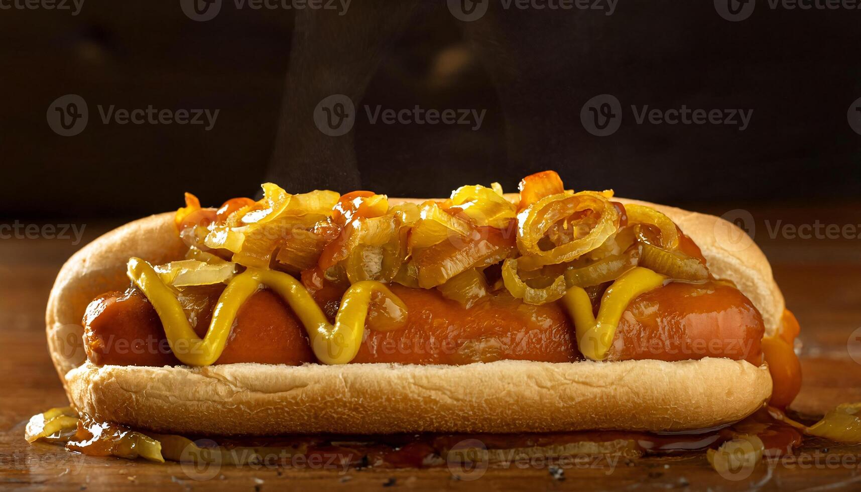 close-up of a hotdog topped with caramelized onions, peppers, and mustard, served on a soft bun photo