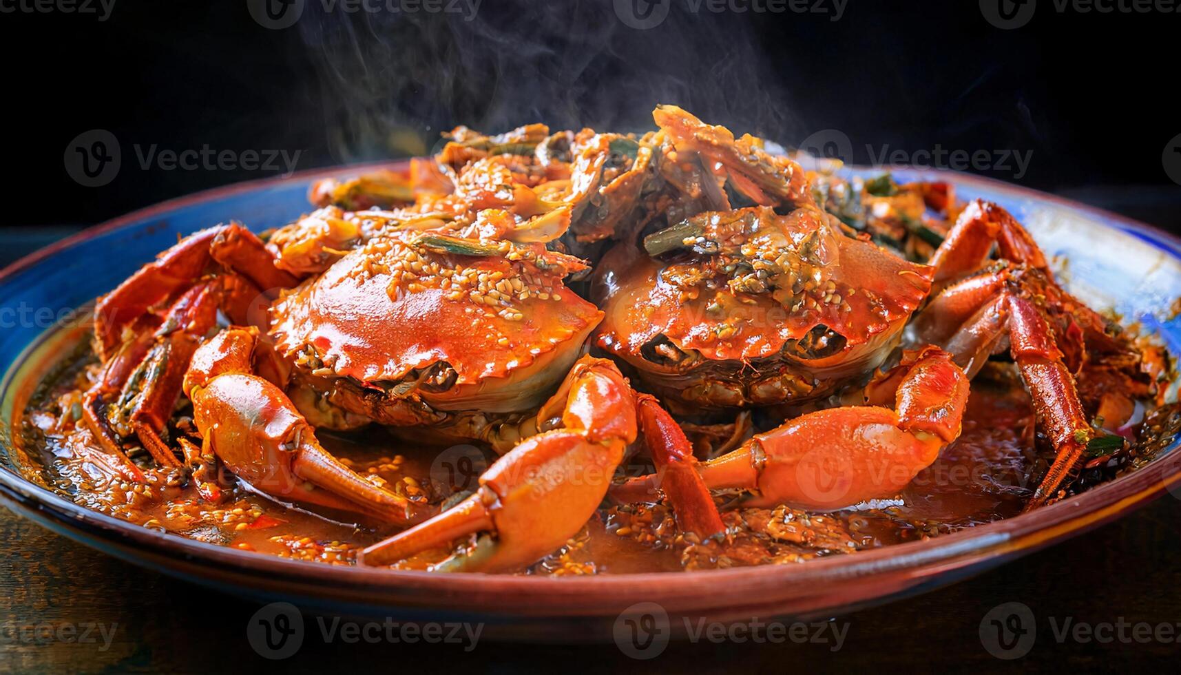 close-up of spicy stir-fried chili crabs coated in a rich, aromatic sauce, served steaming hot on a vibrant plate photo