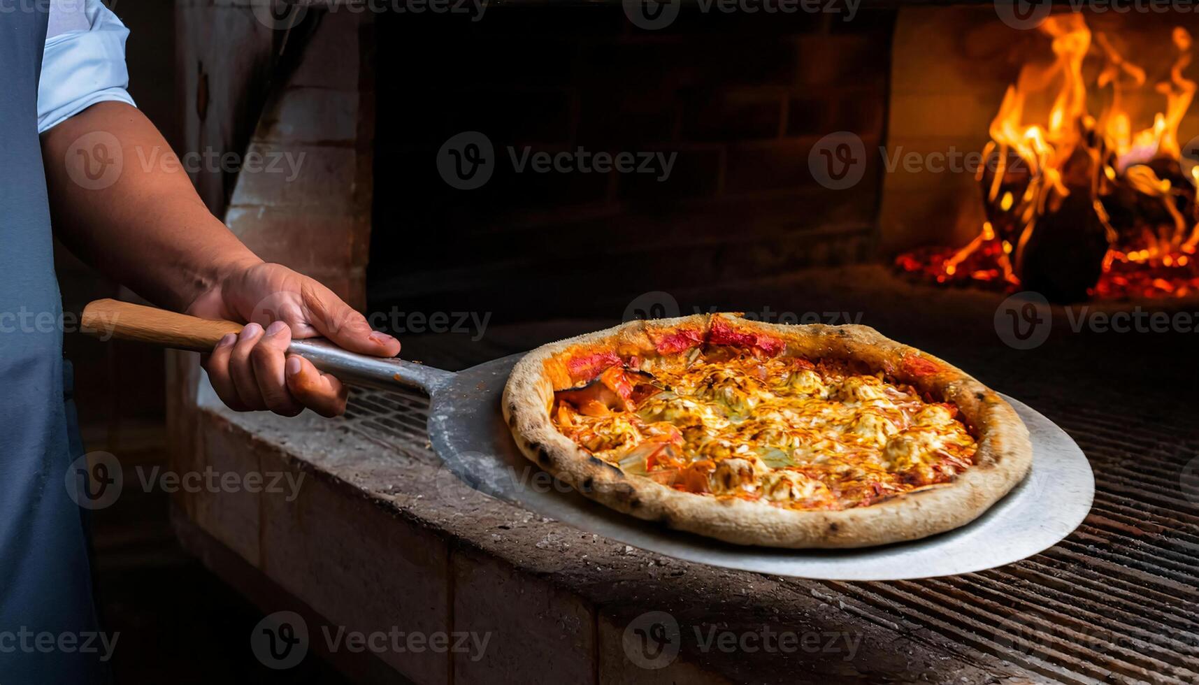 chef hands pulling freshly baked pizza from a wood-fired oven with flames, using a metal pizza peel for authentic cooking photo