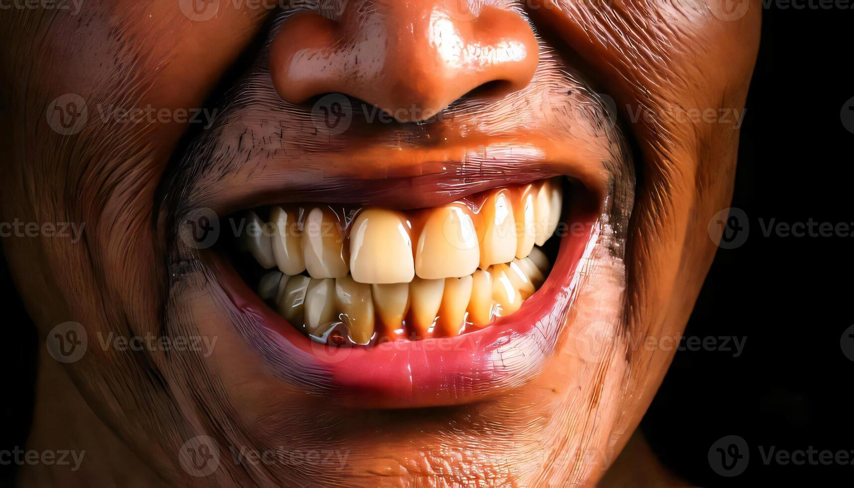close-up of stained yellow teeth and gums showing effects of prolonged smoking and poor dental hygiene photo