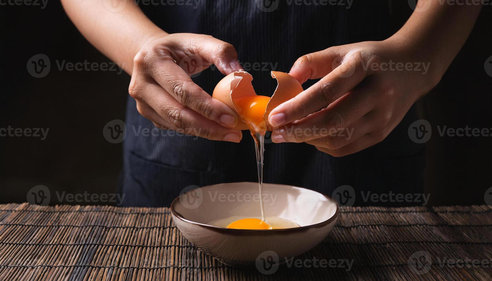 close-up of hands breaking a fresh egg into a bowl with egg yolk dripping slowly in focus for food preparation photo