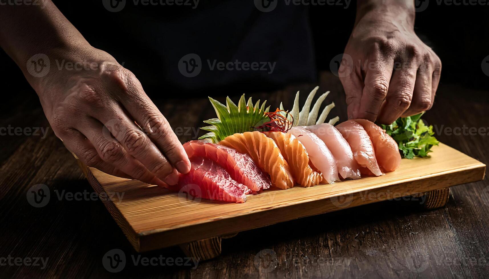 close-up of hands arranging assorted sashimi slices including salmon, tuna, and white fish on a wooden platter with decorative garnishes photo