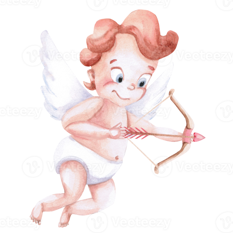 Playful, naughty cupid with bow and arrow in watercolor. Isolated illustration for Valentine's Day, Christmas design, cards, invitations, posters, fabric printing. png