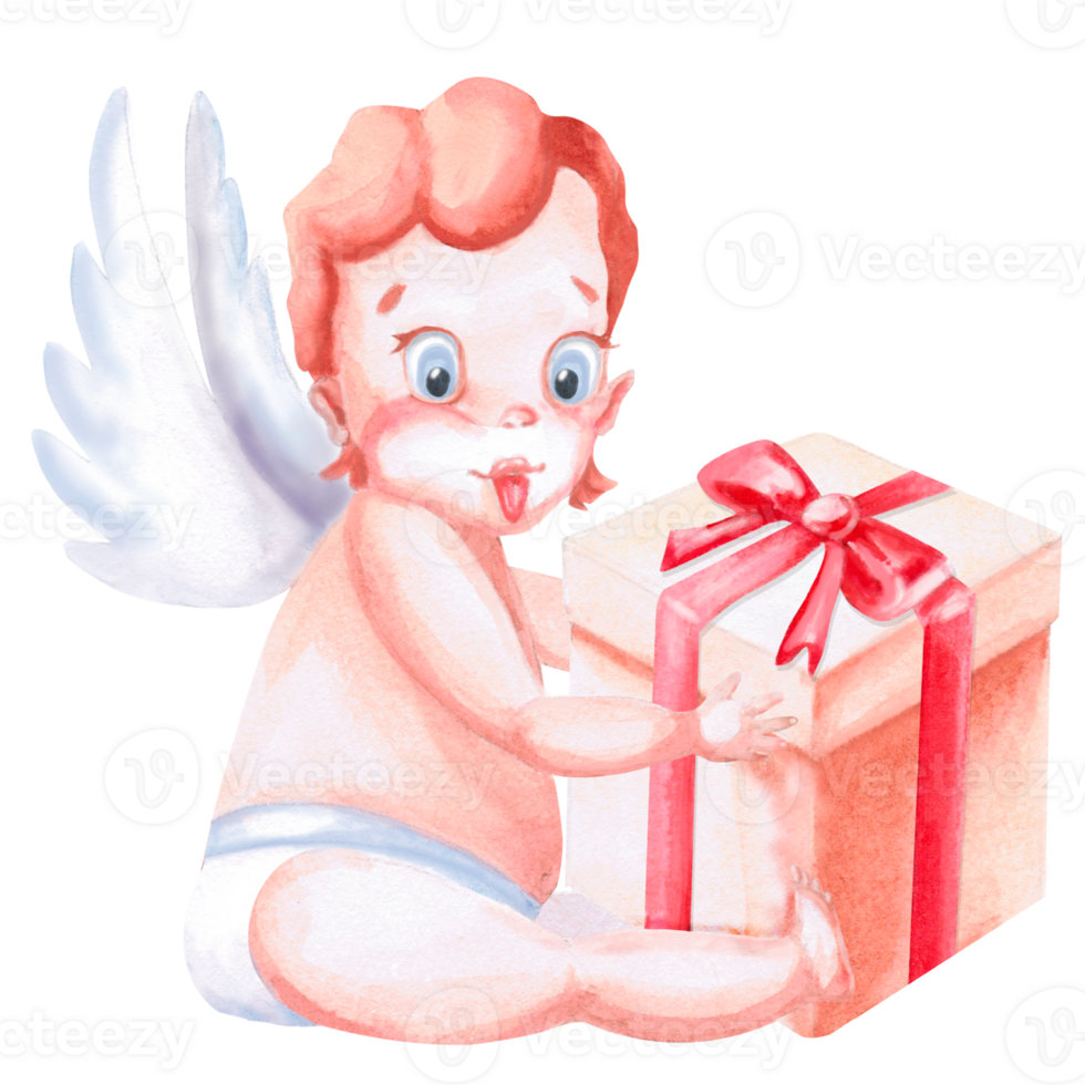 Sitting cupid with tongue hanging out and gift box in watercolor. Isolated illustration for Valentine's Day, Christmas design, cards, invitations, posters, fabric printing. png