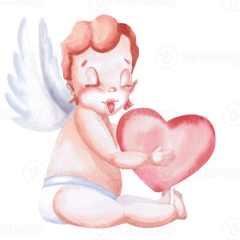 Sitting cupid with tongue hanging out and heart in hands in watercolor. Isolated illustration for Valentine's Day, Christmas design, cards, invitations, posters, fabric printing. png