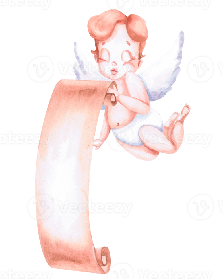 Floating angel with unrolled vertical scroll. Isolated watercolor illustration for design of cards, invitations, lettering, signage, holiday decorations png