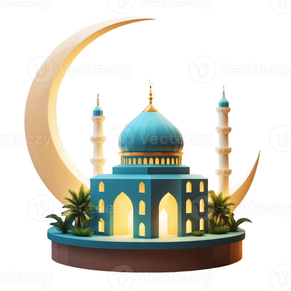 Illuminated 3D Mosque with Crescent Moon png