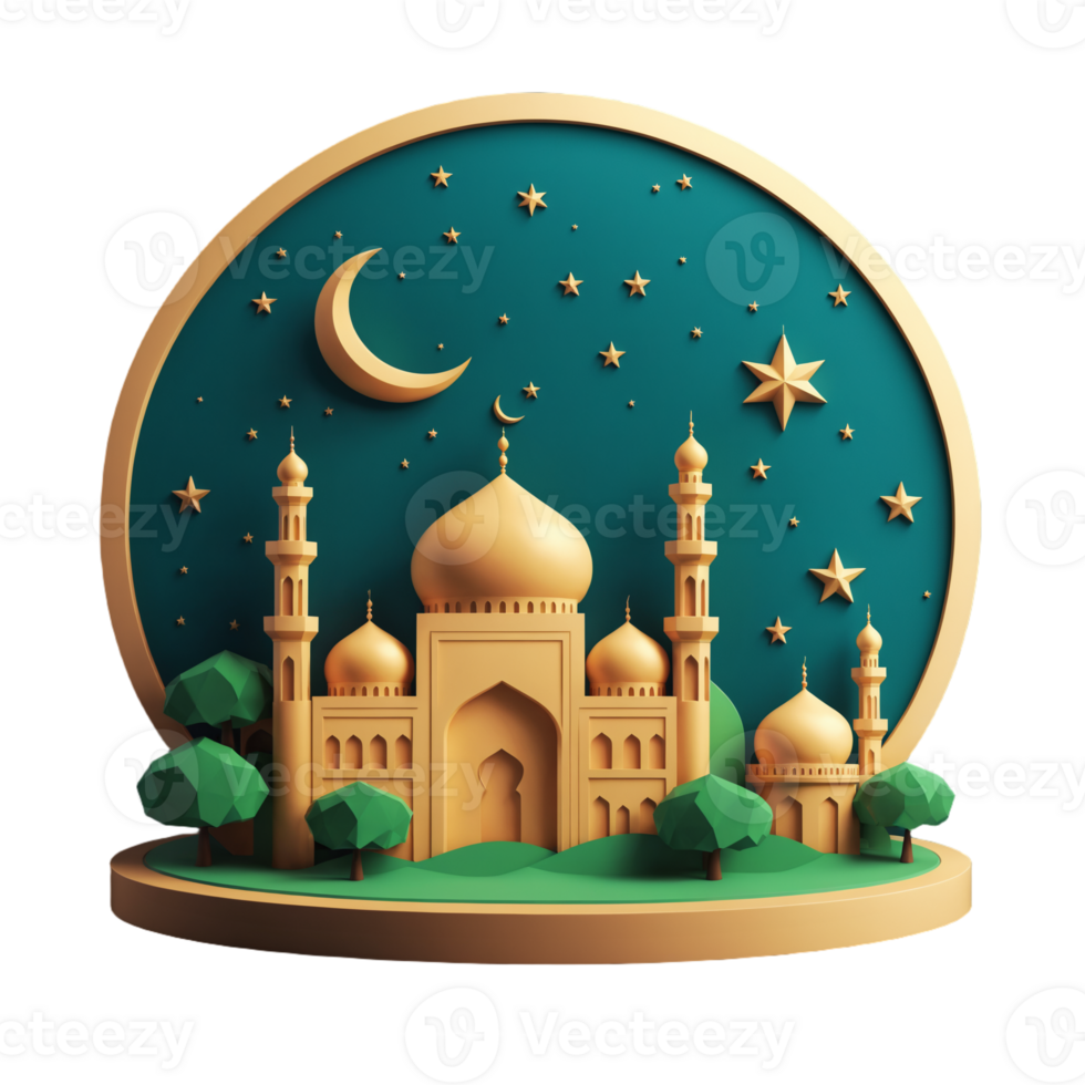 3D Mosque Illustration with Crescent Moon png