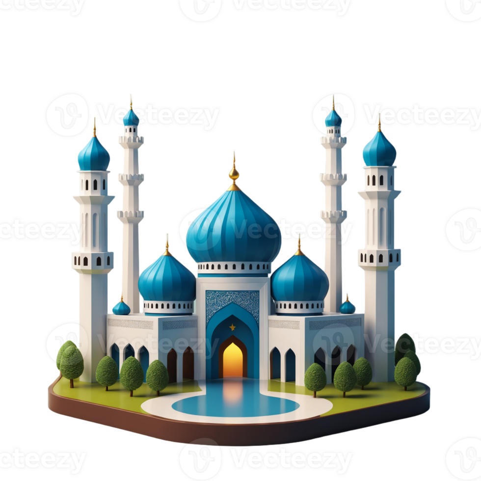 Modern 3D Mosque with Blue Minarets png