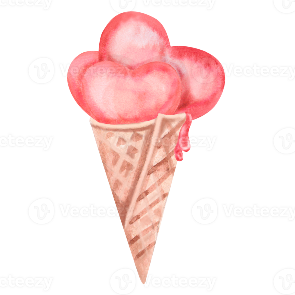 Ice cream cone with heart shaped balls. Watercolor isolated illustration for Valentine's Day design, children's birthday party decoration, fabric printing png