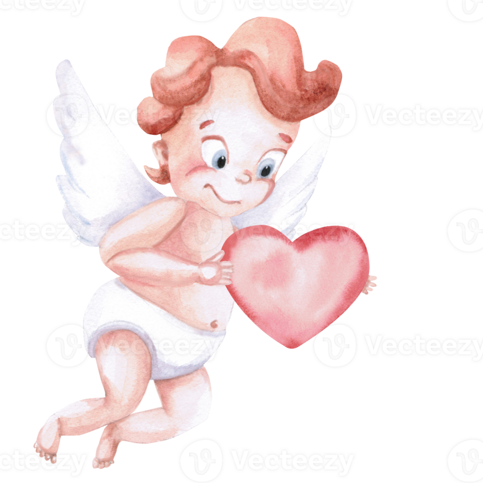 Cupid flying with heart in hands in watercolor. Isolated illustration for Valentine's Day, Christmas design, cards, invitations, posters, fabric printing png