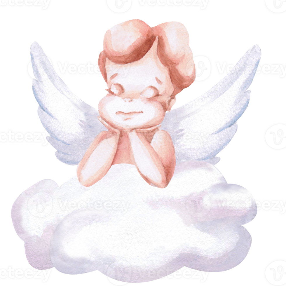 Dreamy angel on a cloud in watercolor. Isolated illustration for Valentine's day design, cards, invitations, posters, fabric printing png