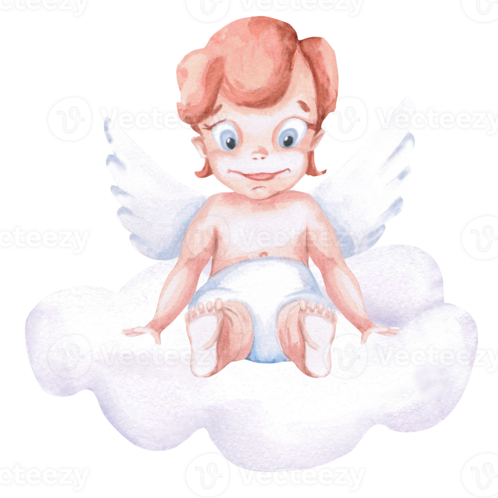 Cupid sitting on a cloud in watercolor. Isolated illustration for Valentine's Day, Christmas, cards, invitations, posters, fabric printing png