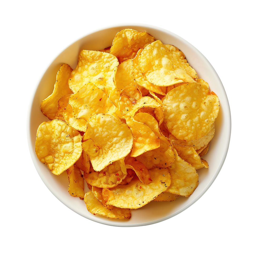 A bowl of crispy golden potato chips arranged in a perfect top view, isolated on transparent background png