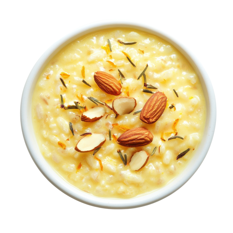 Traditional Indian rice pudding with almonds and saffron, isolated on transparent background. png