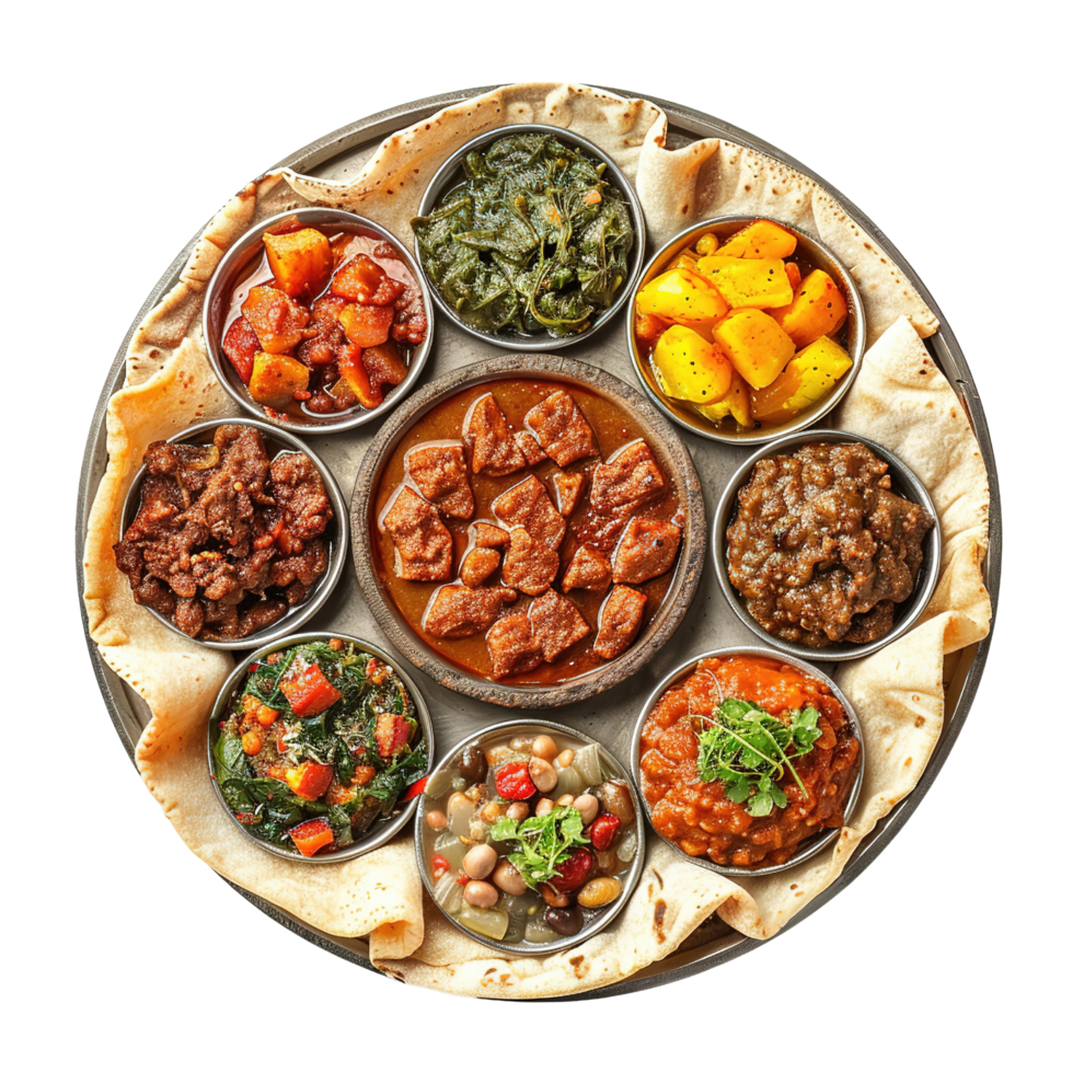 Ethiopian Injera Bread with Assorted Spicy Stews, Isolated on Transparent Background png